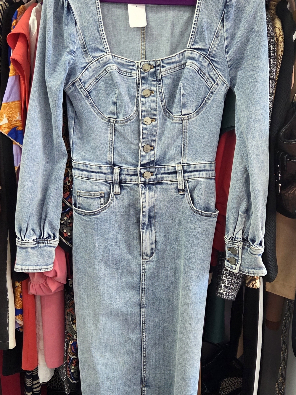 Light Blue Long-Sleeve Denim Midi Dress